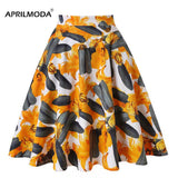 Floral Midi Skirt High Waist Cotton 50s Summer