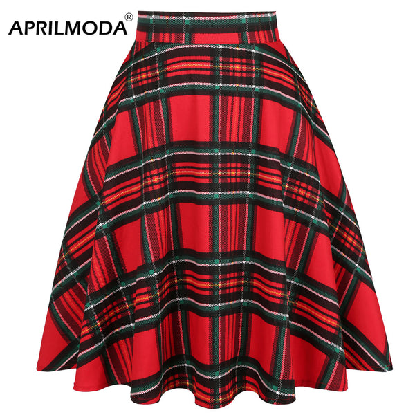 Red Women Pleated Skirt High Waist Checkered Plaid