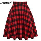 Red Women Pleated Skirt High Waist Checkered Plaid