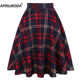 Red Women Pleated Skirt High Waist Checkered Plaid