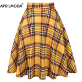 Red Women Pleated Skirt High Waist Checkered Plaid